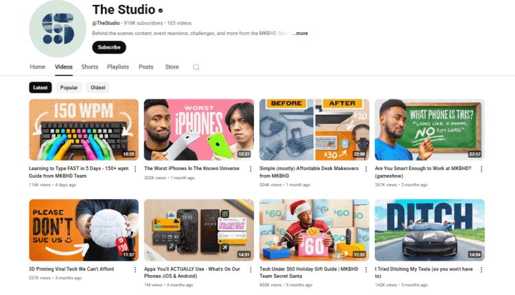 The Studio YouTube homepage