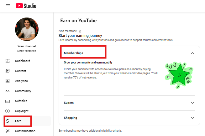membership tab in YouTube earn section