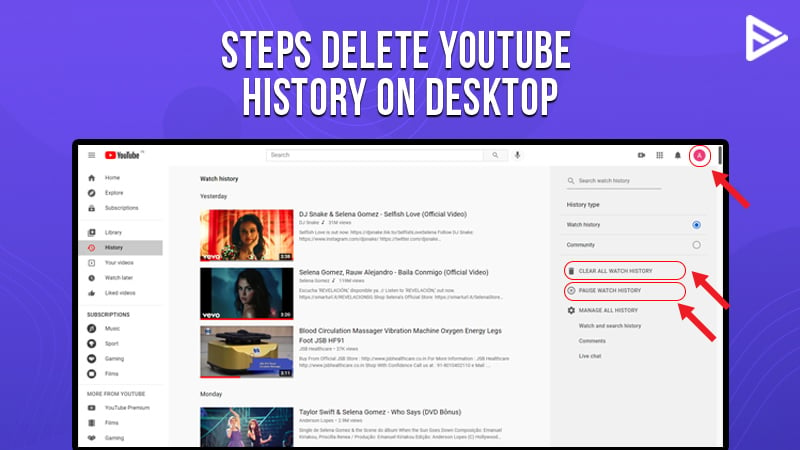 How to delete online youtube history in laptop