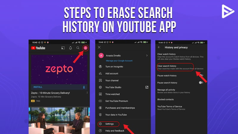 How to find online search history in youtube