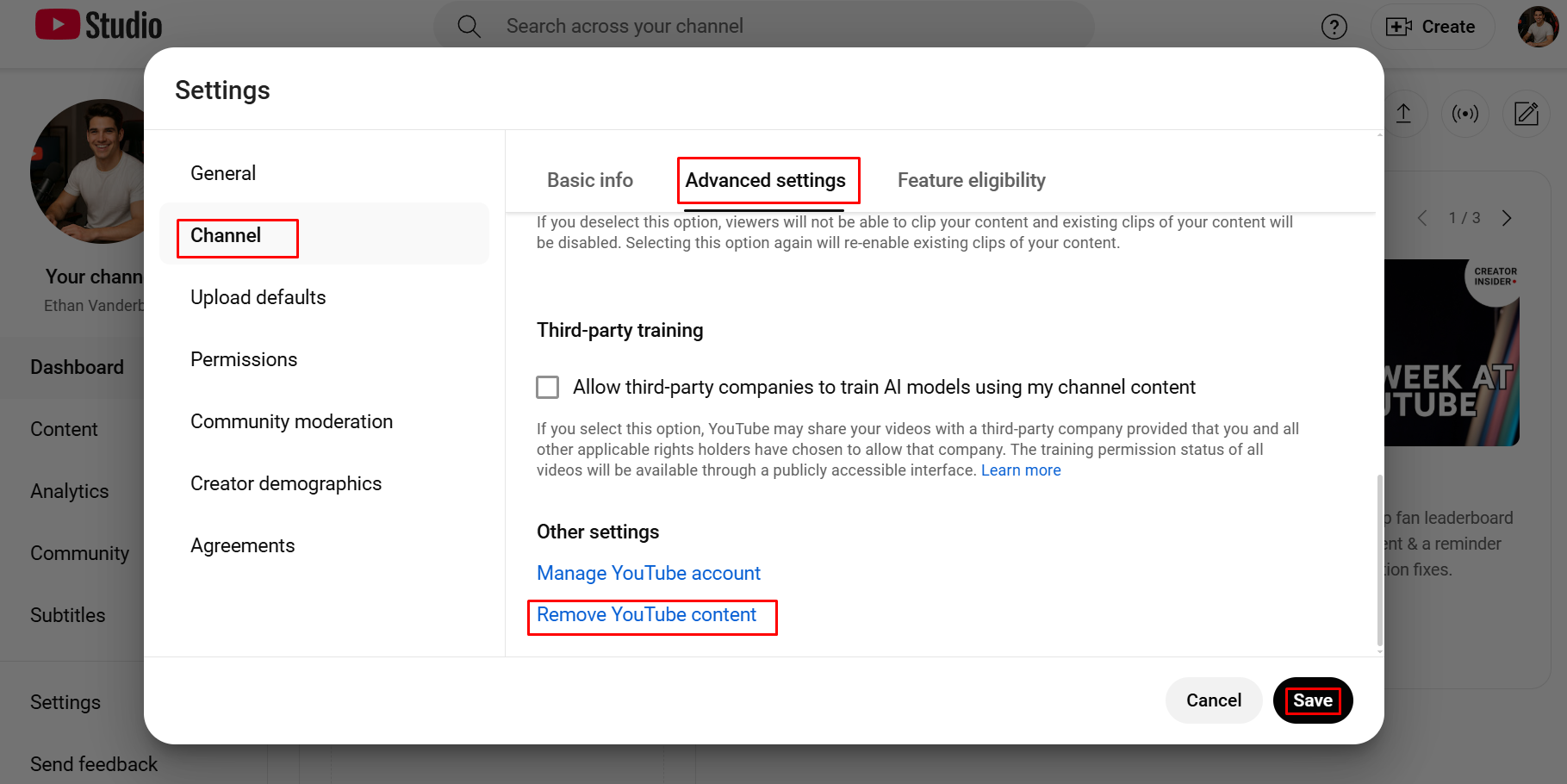 step to remove YouTube content