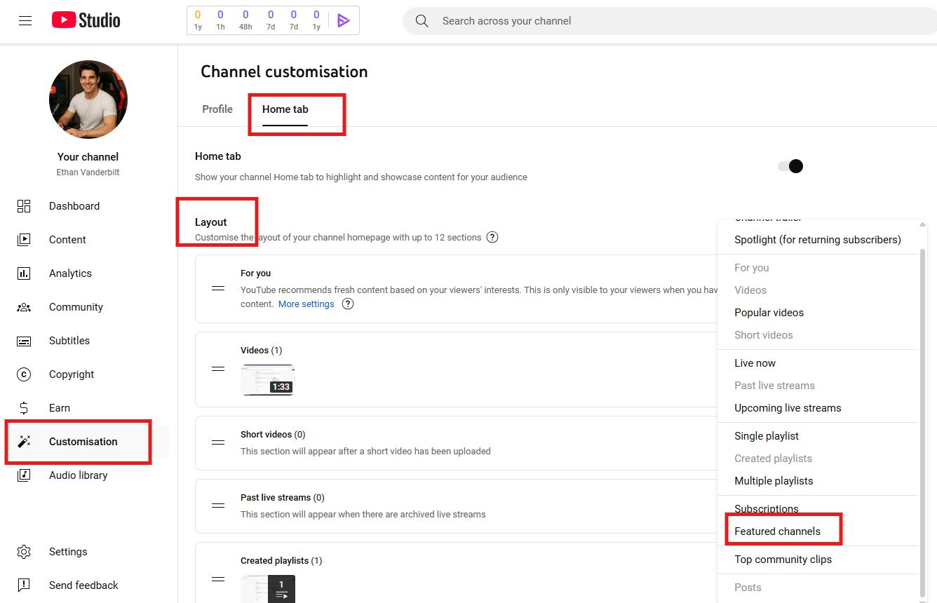 steps on how to a feature a channel on YouTube
