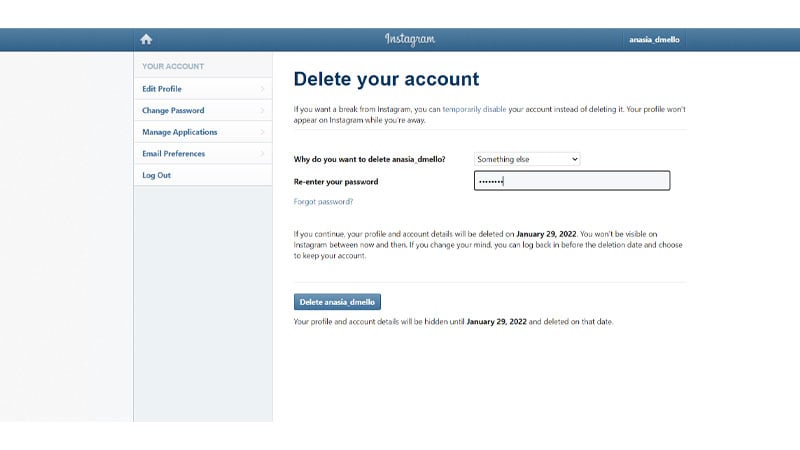 Instagram log in page