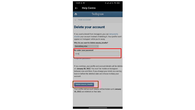 delete instagram account from app