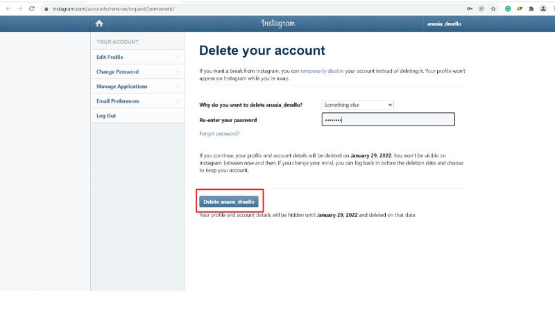 how to delete instagram account permanently
