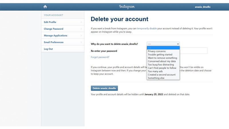 reason to delete IG account