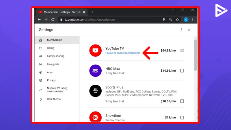 Cancel Youtube TV subscription