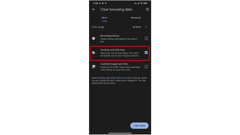 clear cookies and site data