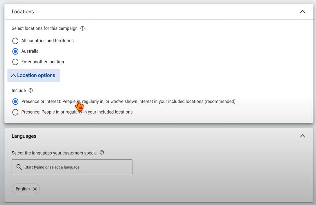 Location and language in Google Ads