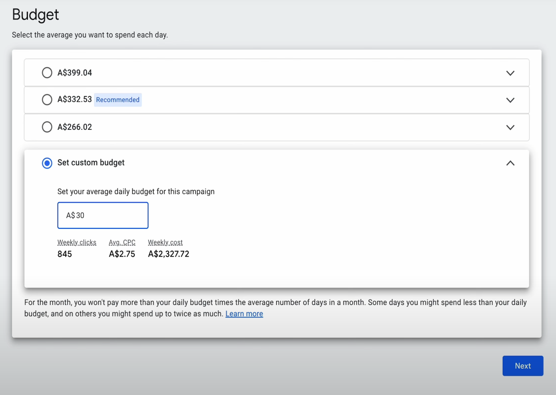 Setting budget in Google Ads