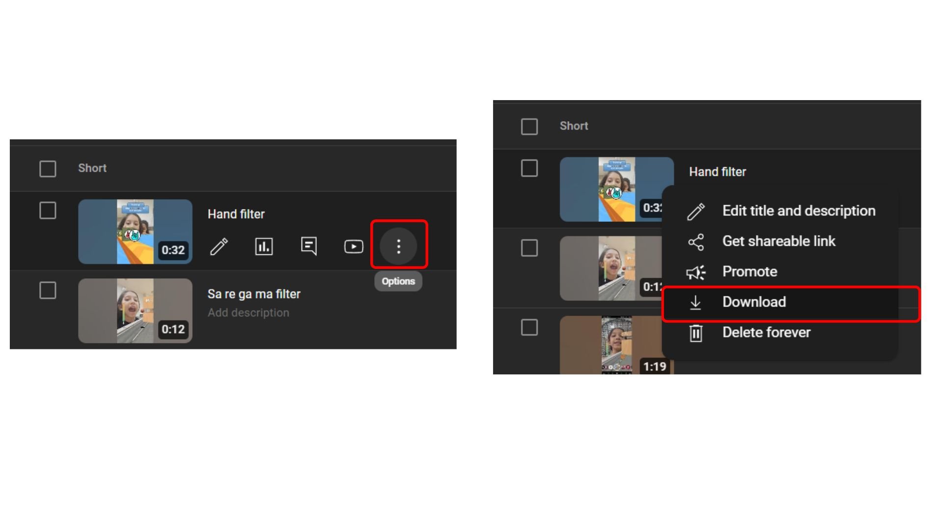 how to download YT shorts via YT Studio?