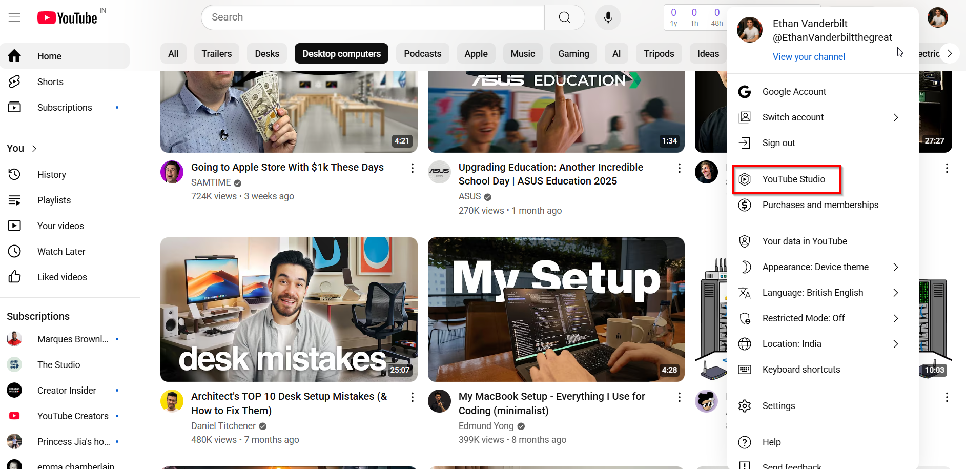 Screenshot with directions for going to YouTube studio
