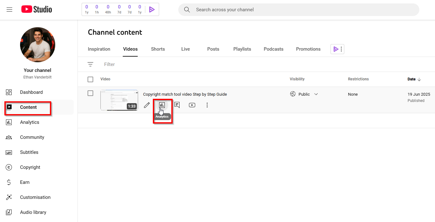 channel tab in YouTube studio