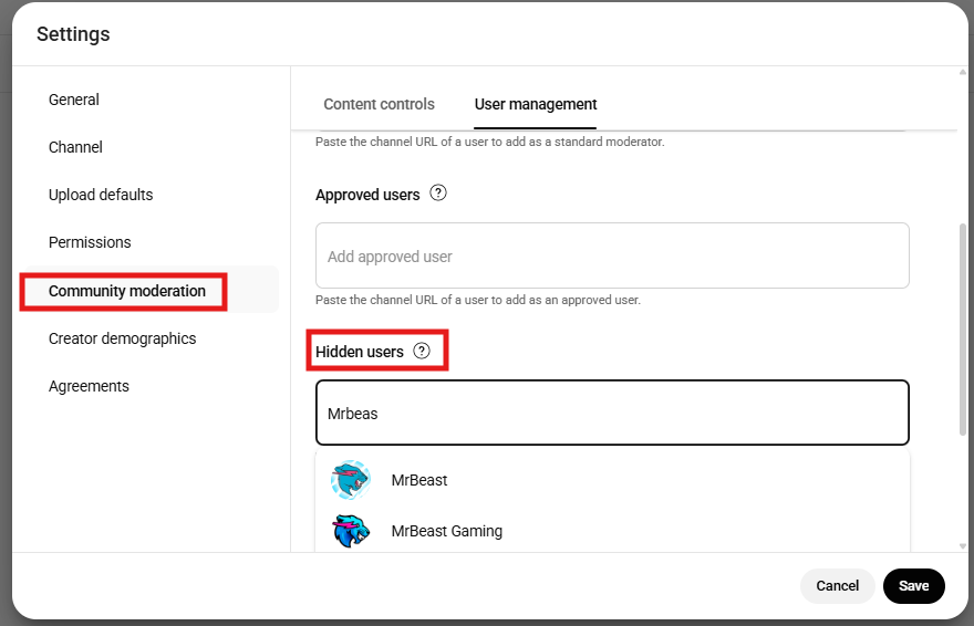 hide or remove users from YouTube