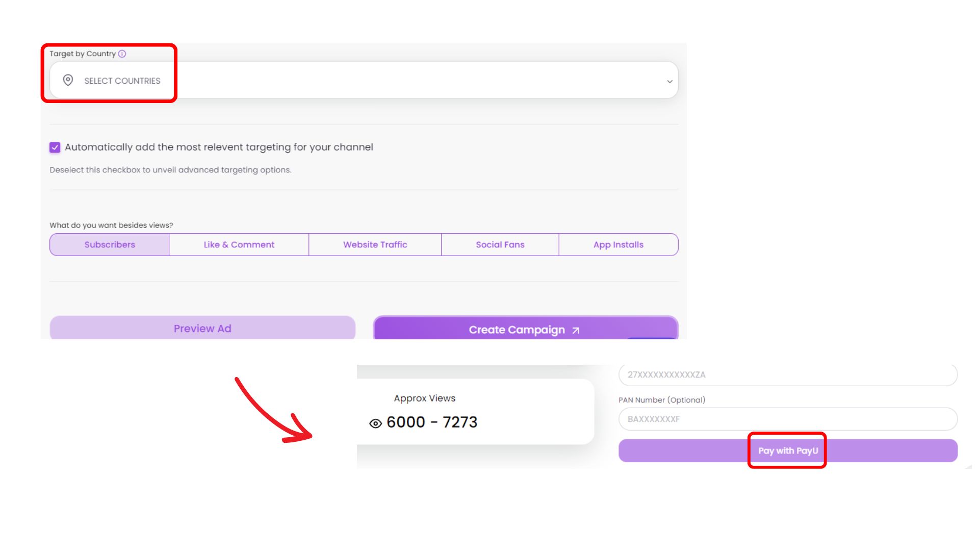 Select countries and complete checkout to promote a video on YouTube