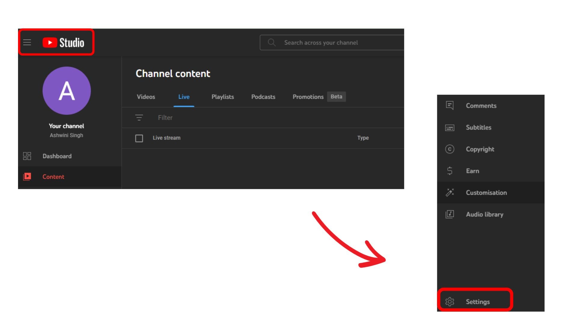 Go to YouTube studio & click Settings