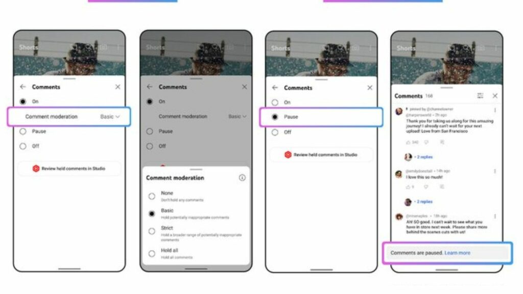 youtube pause comment feature