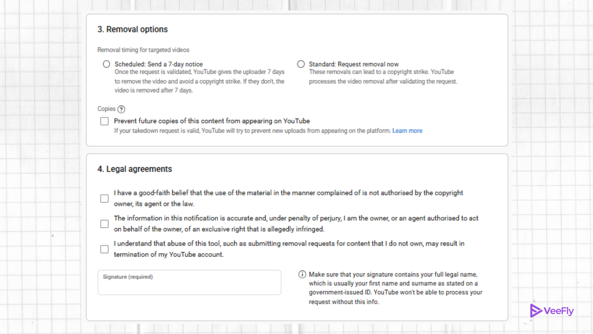 Removal options and legal agreements in Copyright match tool