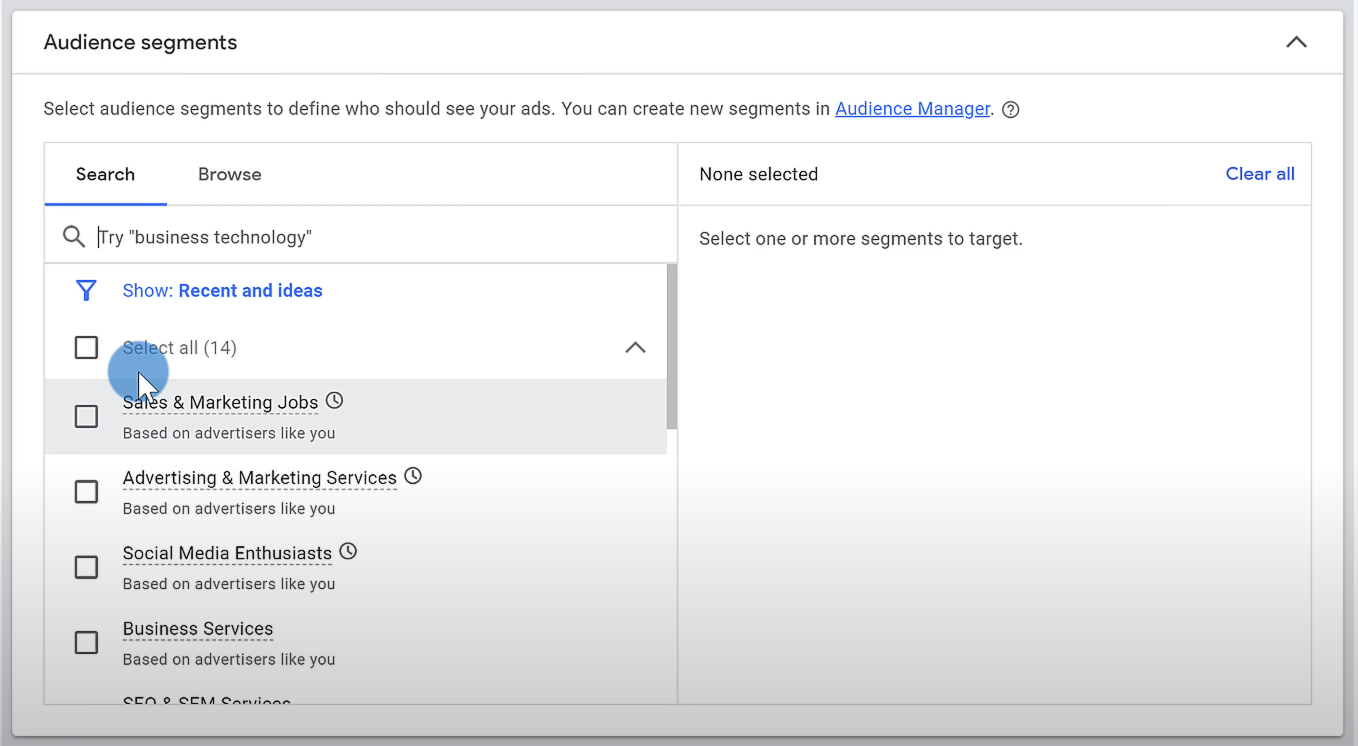 Audience segment interface in google ads