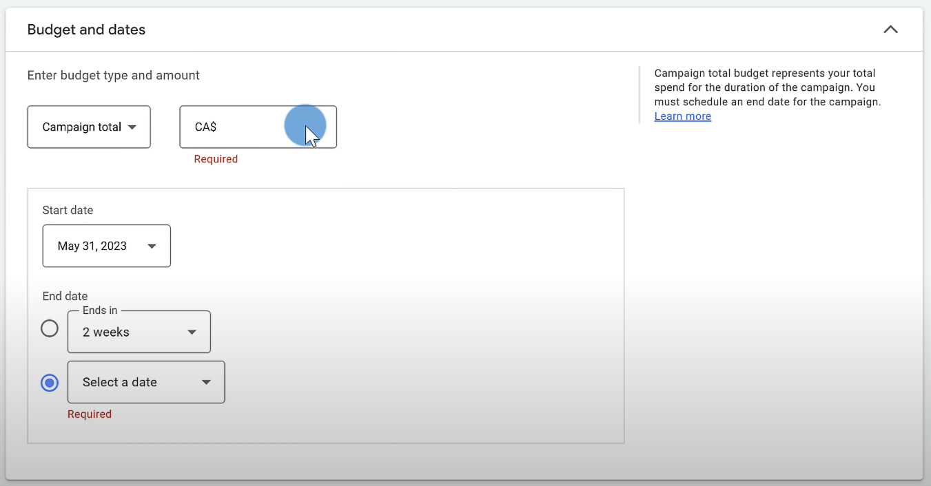 Budget and dates interface in google ads