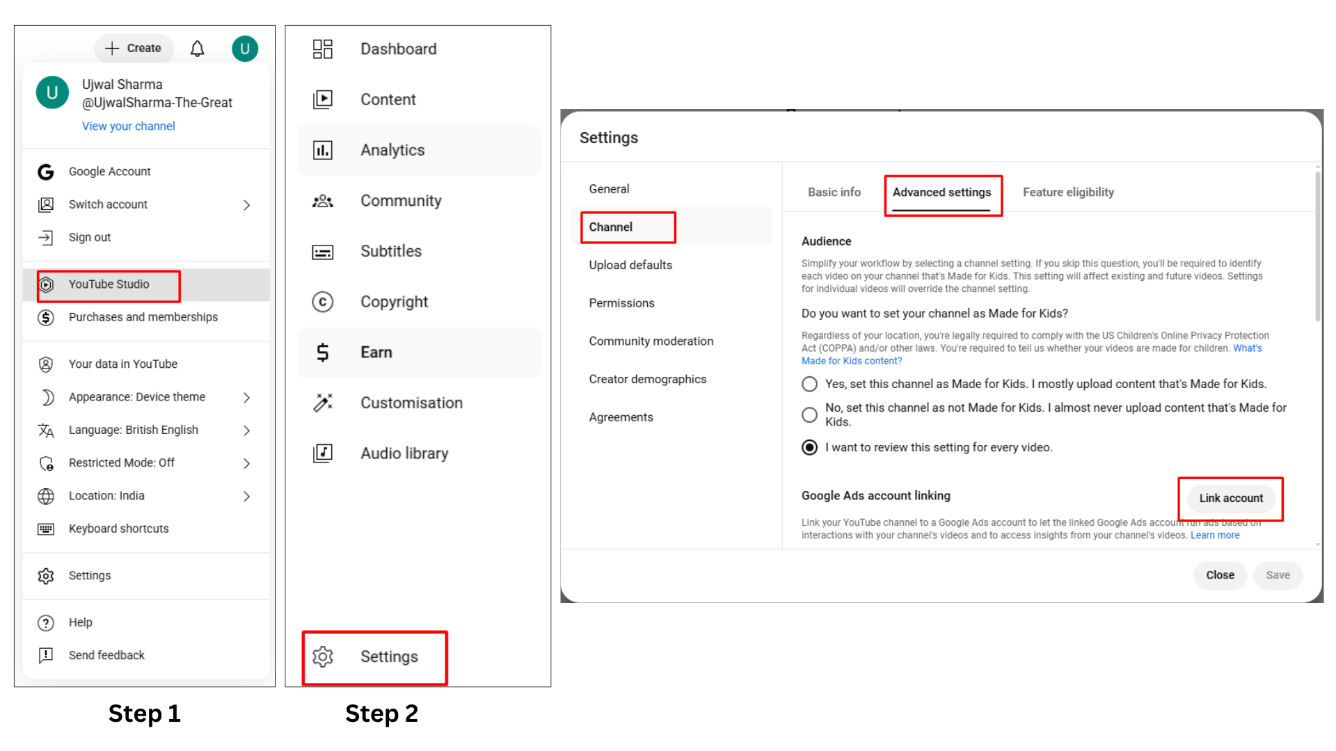 Steps for Connecting YouTube account with google ads
