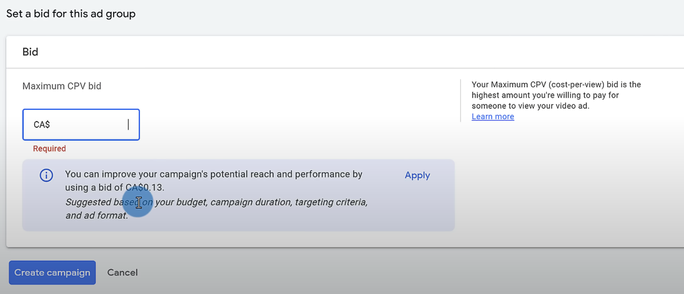how to advertise your YouTube video using CPV bids in google ads