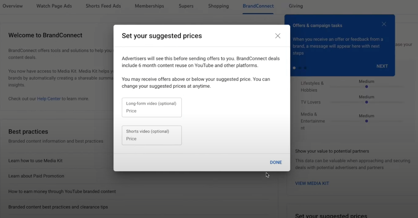 set price in YouTube BrandConnect