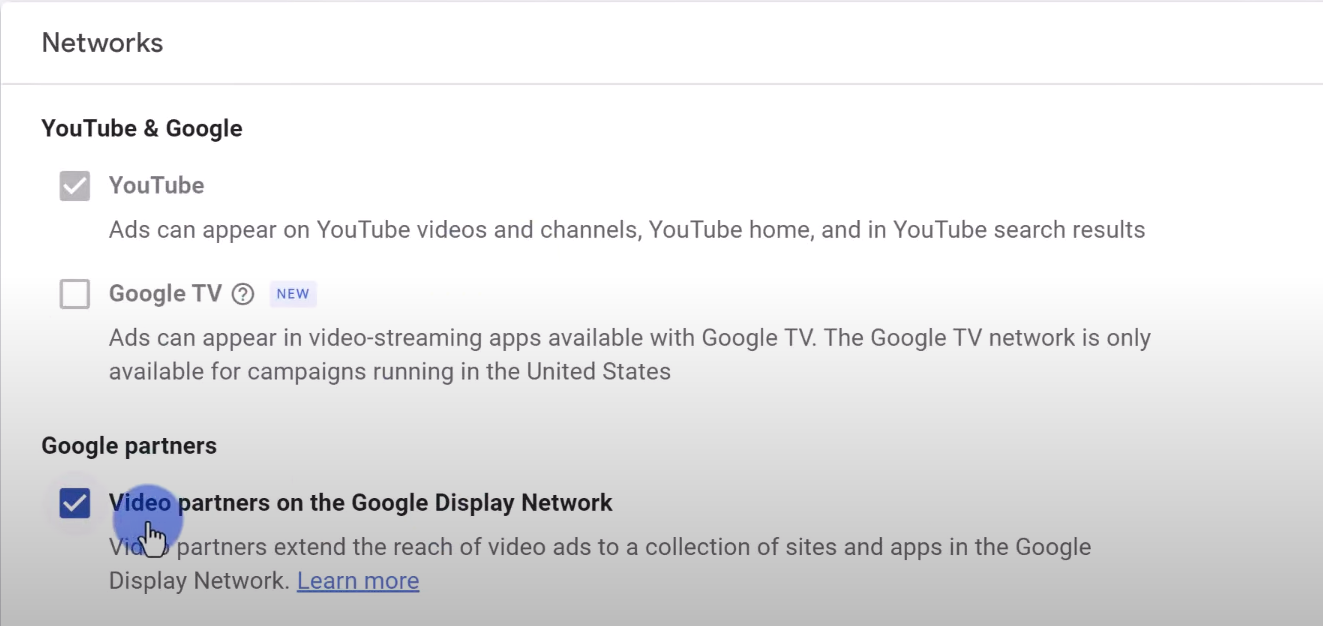 networks section in google ads