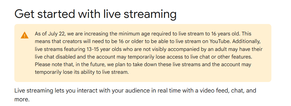 YouTube live stream age guideline