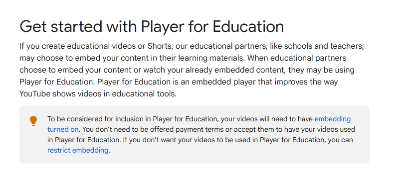 YouTubes player for education feature policy of official page
