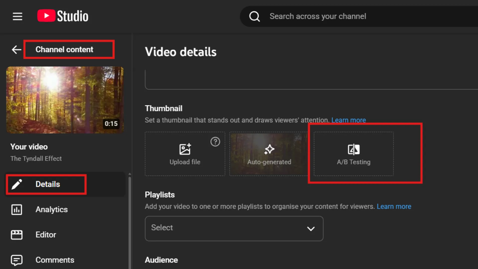 a_b testing channel content advance settings YouTube