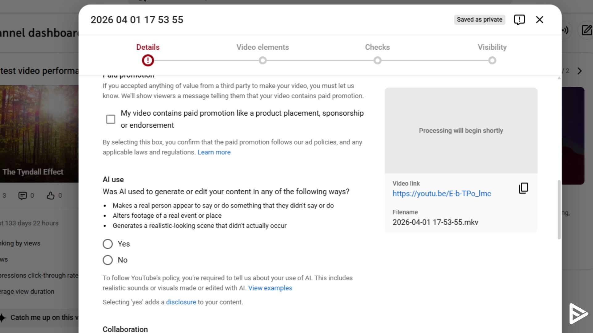 YouTube ai labels update with check during upload