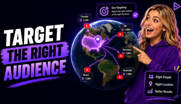 Map showing YouTube ad geo targeting by country, city, and radius.
