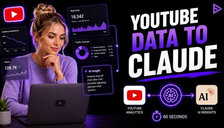 Illustration showing YouTube Analytics data connecting to Claude AI through an MCP connector