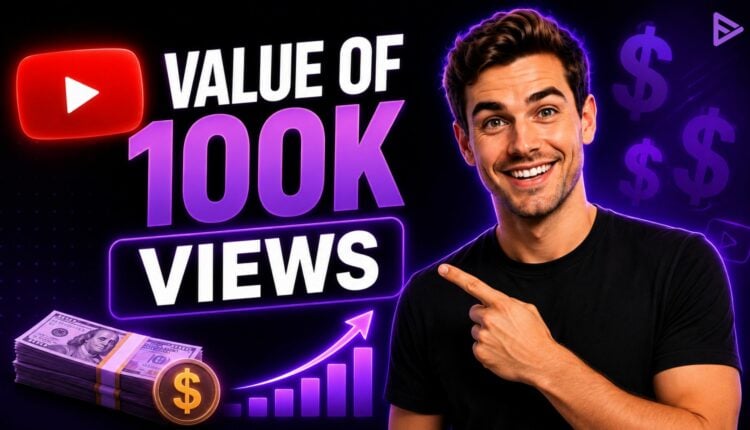 100k views on YouTube money: creator reviewing AdSense earnings on a laptop