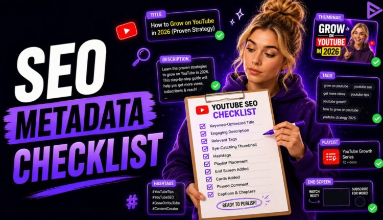 YouTube SEO metadata checklist covering titles, descriptions, tags, and thumbnails